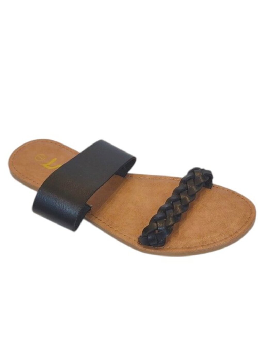 LM Women' s Black Two Straps One Braided Slide Open Toe Flat Sandals NWT